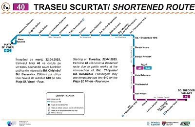 Autobuzele 640, care înlocuiesc linia 40 pe o porțiune de traseu, opresc în stațiile desemnate. Tramvaiele circulă până la stația „Faur” din cauza lucrărilor din intersecția Bulevardului Chișinău cu Bulevardul Basarabia.