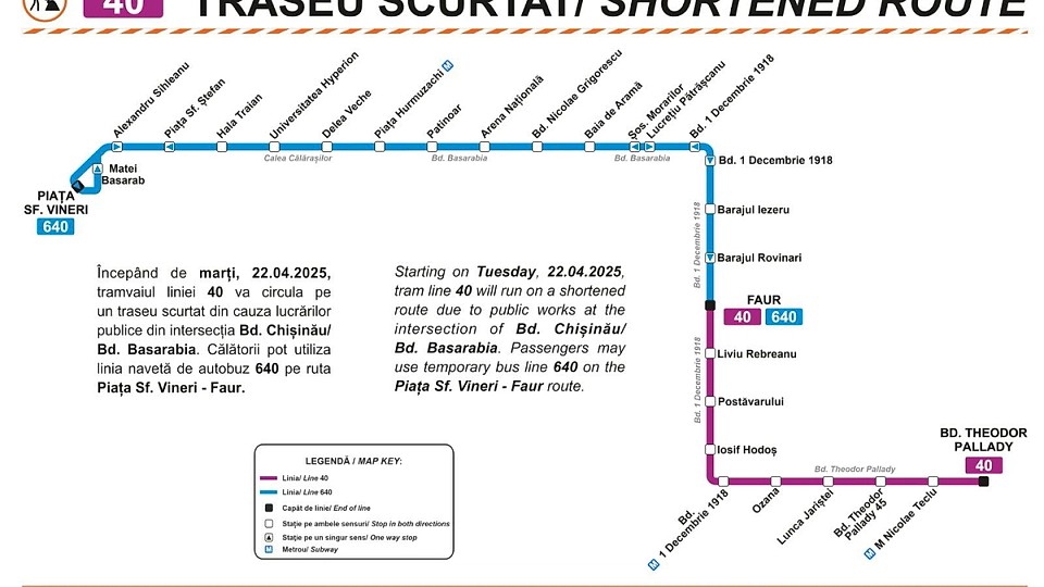 Autobuzele 640, care înlocuiesc linia 40 pe o porțiune de traseu, opresc în stațiile desemnate. Tramvaiele circulă până la stația „Faur” din cauza lucrărilor din intersecția Bulevardului Chișinău cu Bulevardul Basarabia.