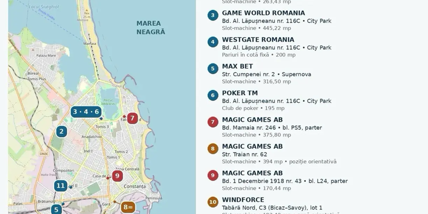 Harta jocurilor de noroc în Constanța. 11 spații noi sau reautorizate pe masa Consiliului Local, inclusiv la parterul blocurilor de locuințe