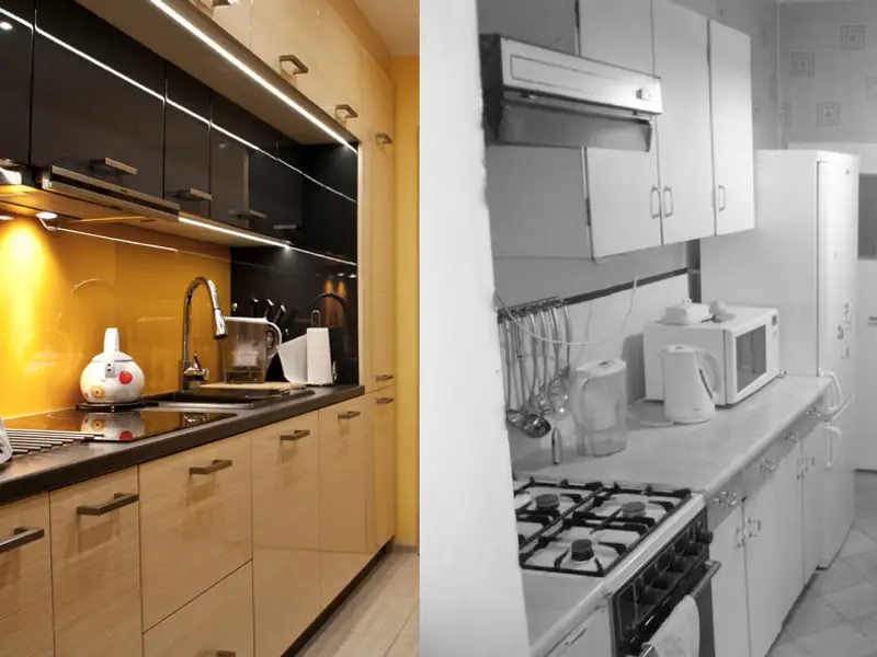 Inainte si dupa reamenajare functionala pentru o bucatarie de 8 mp