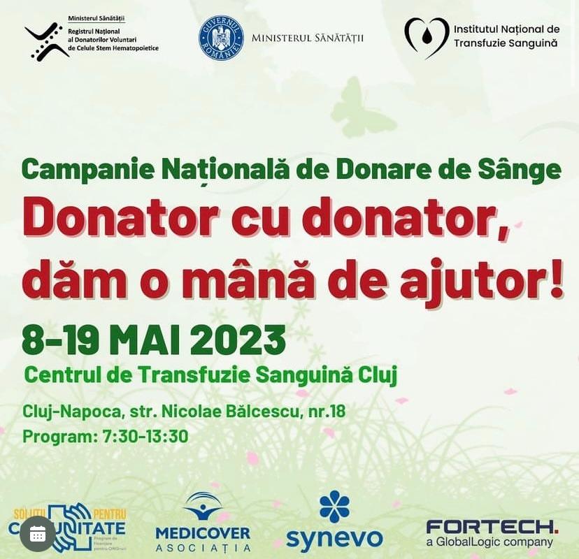 „Donator cu donator, dăm o mână de ajutor!”, campania națională de donare de sânge, ajunge și la Cluj-Napoca