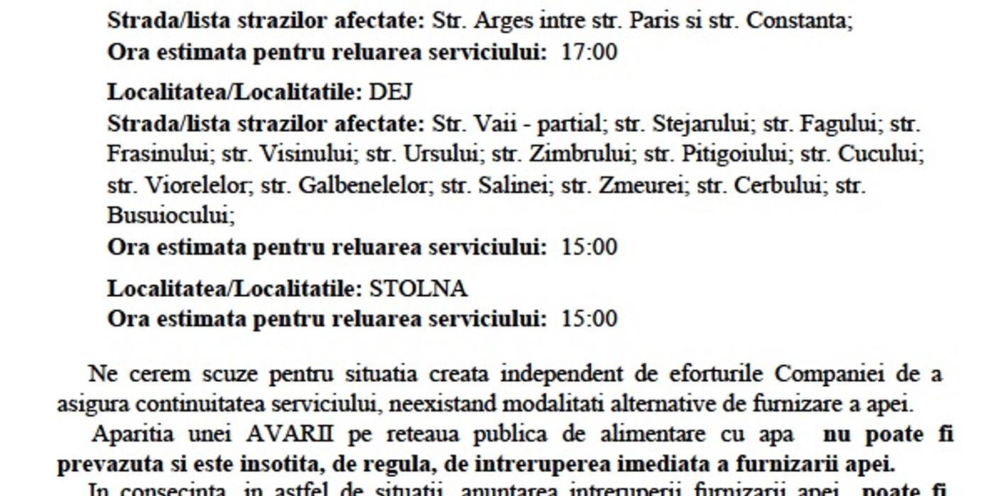 Lipsă apă potabilă pe câteva străzi din Cluj-Napoca, Dej și Stolna