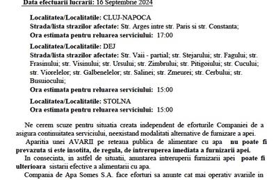 Lipsă apă potabilă pe câteva străzi din Cluj-Napoca, Dej și Stolna