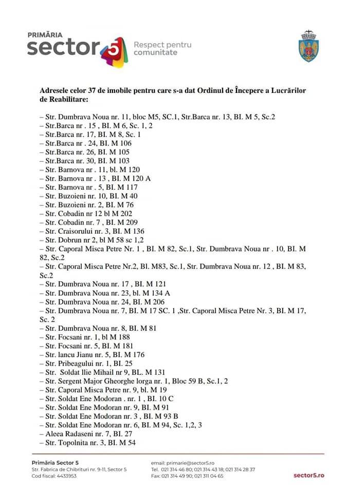 S-a publicat lista care vor fi reabilitate în sectorul 5 al Capitalei