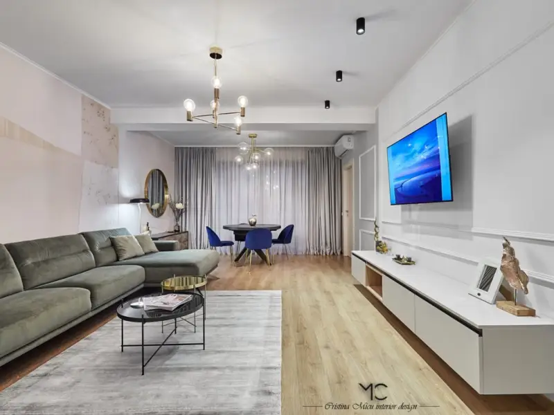 Apartament de trei camere modern amenajat in tonuri neutre cu accente de culori vibrante
