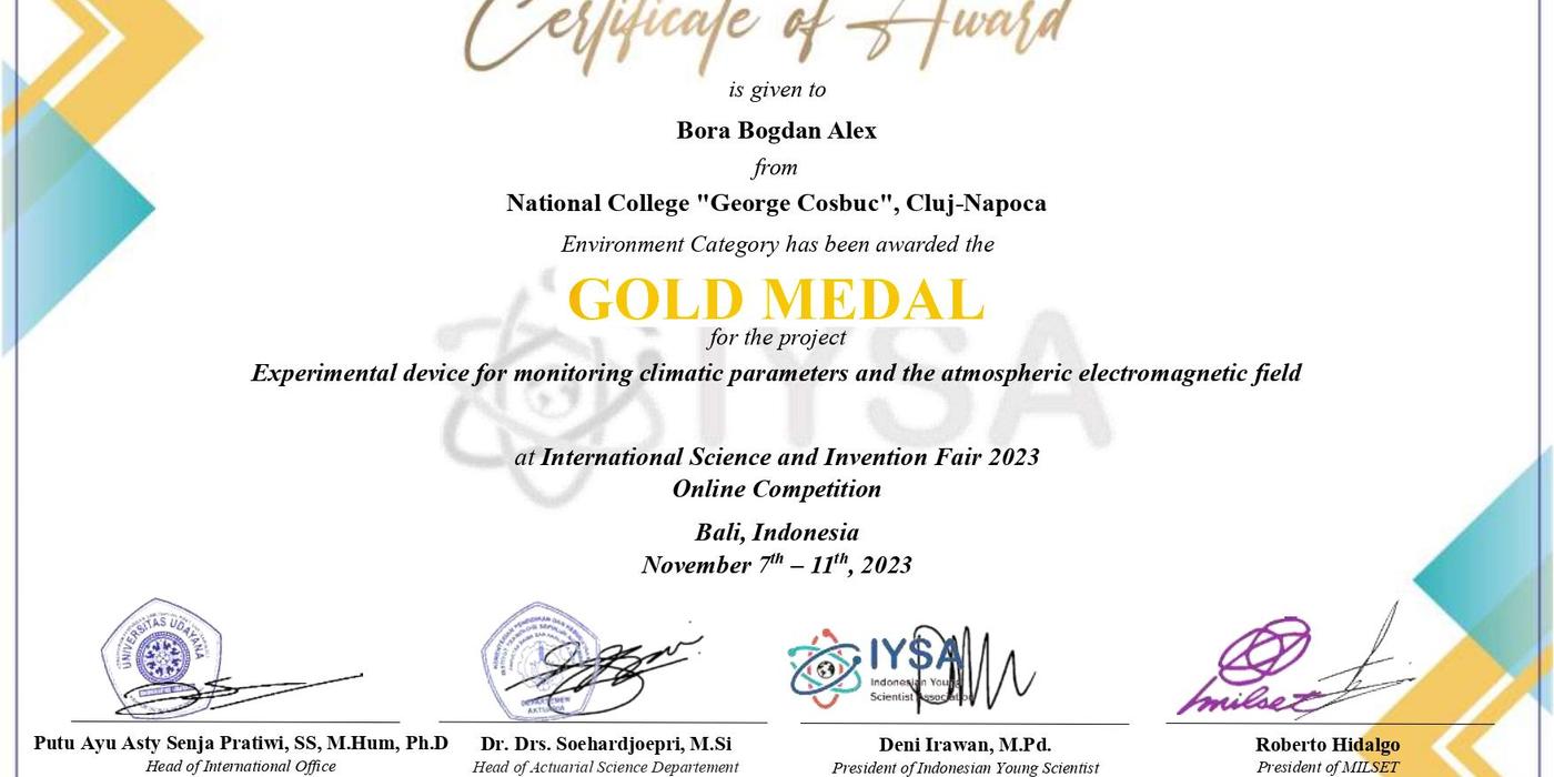 O nouă medalie de aur la o competiție internațională pentru Alex Bogdan Bora, elev al Colegiului Național George Coșbuc Cluj-Napoca