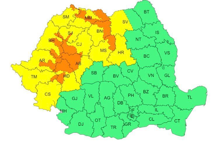 Avertizări cod galben și portocaliu de precipitații abundente emise pentru județul Cluj