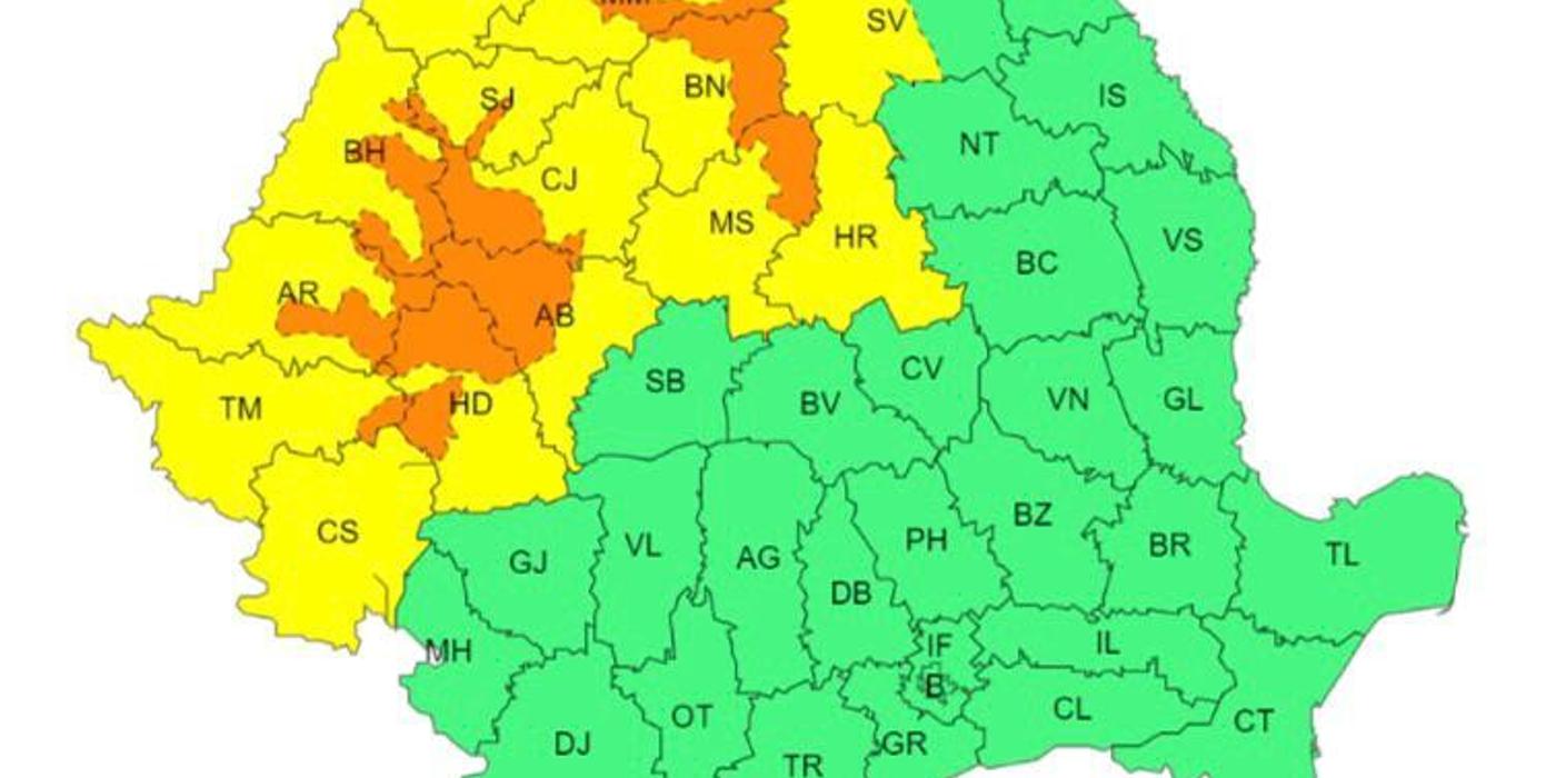 Avertizări cod galben și portocaliu de precipitații abundente emise pentru județul Cluj