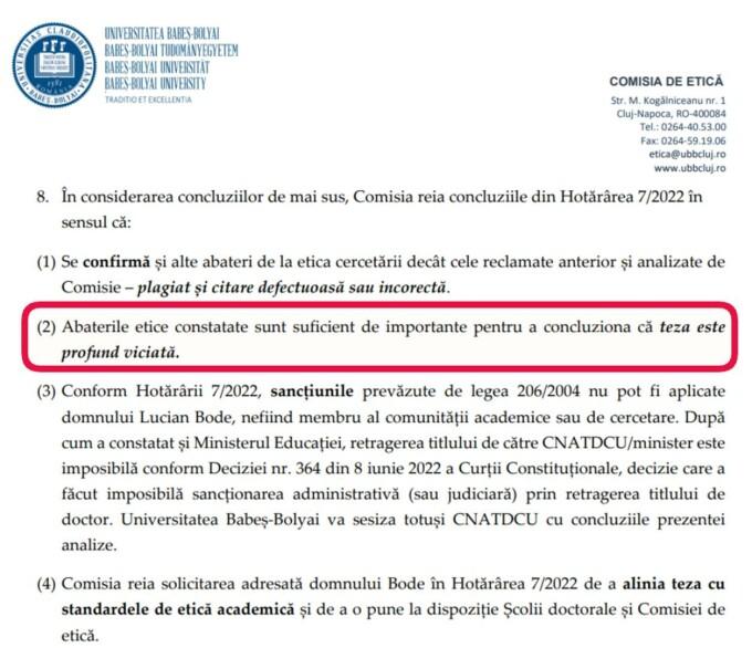 Comisia de etică a UBB: Teza de doctorat a lui Lucian Bode ”profund viciată”, a ”plagiat”. Ministrul: Voi merge în instanță