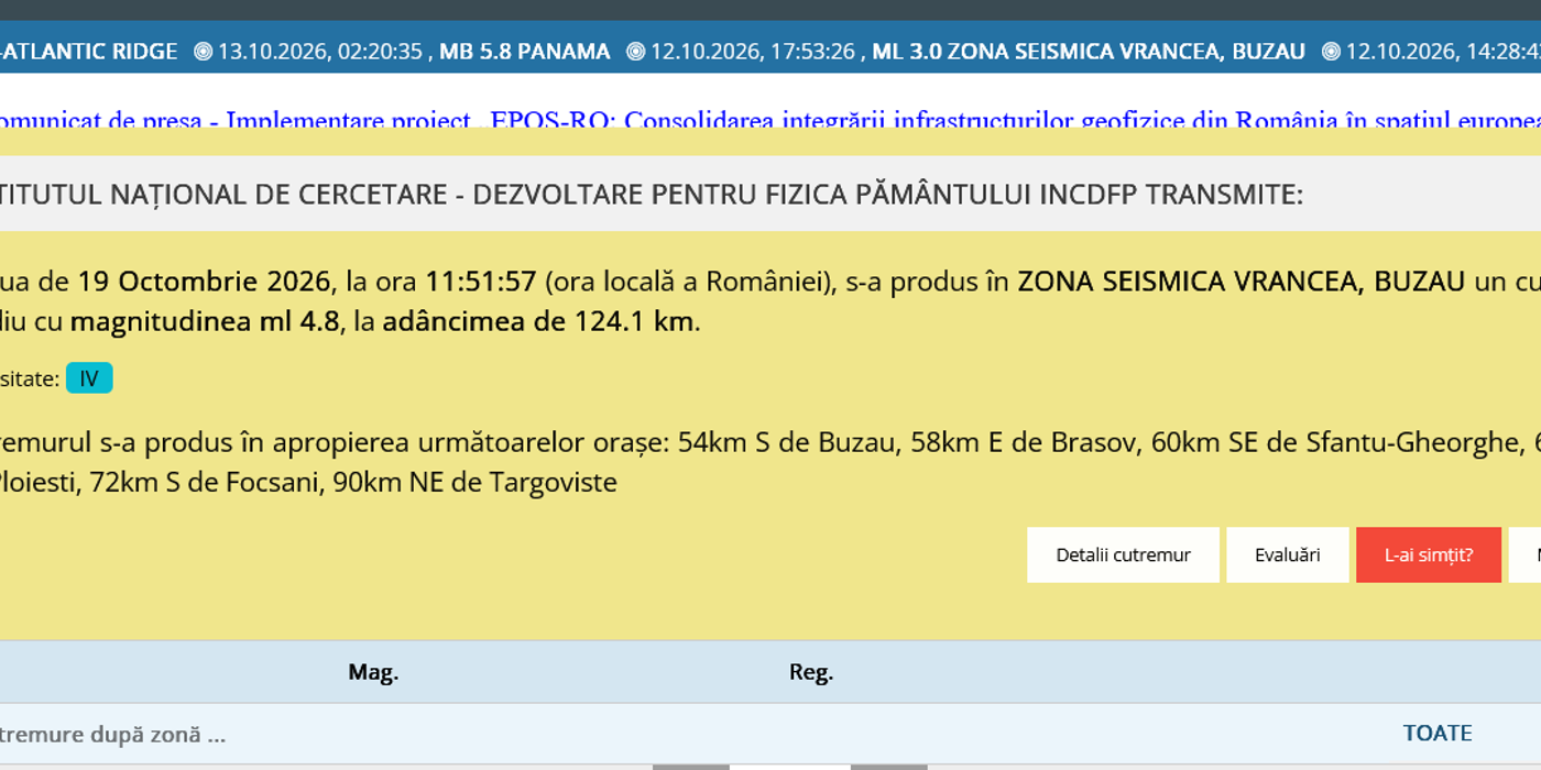 Cutremur cu magnitudinea de 4,9 în zona Vrancea, resimțit în Constanța și în mai multe regiuni din țară