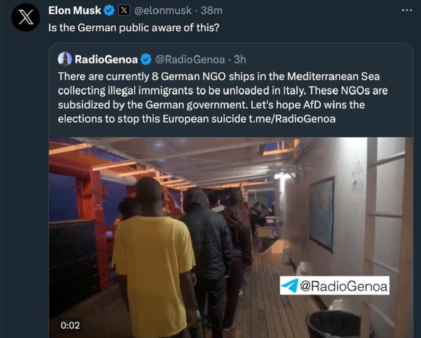 Elon Musk atacă susţinerea Germaniei a salvării de migranţi la Marea Mediterană, după ce îndeamnă la o victorie a Partidului Alternativa pentru Germania de extremă dreapta în alegeri