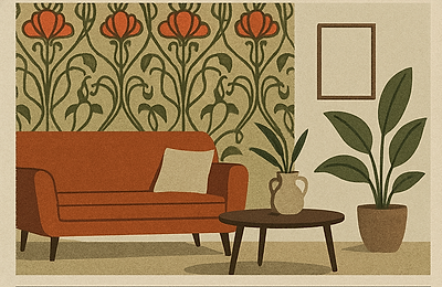 Tapet statement cu pattern Art Nouveau în living