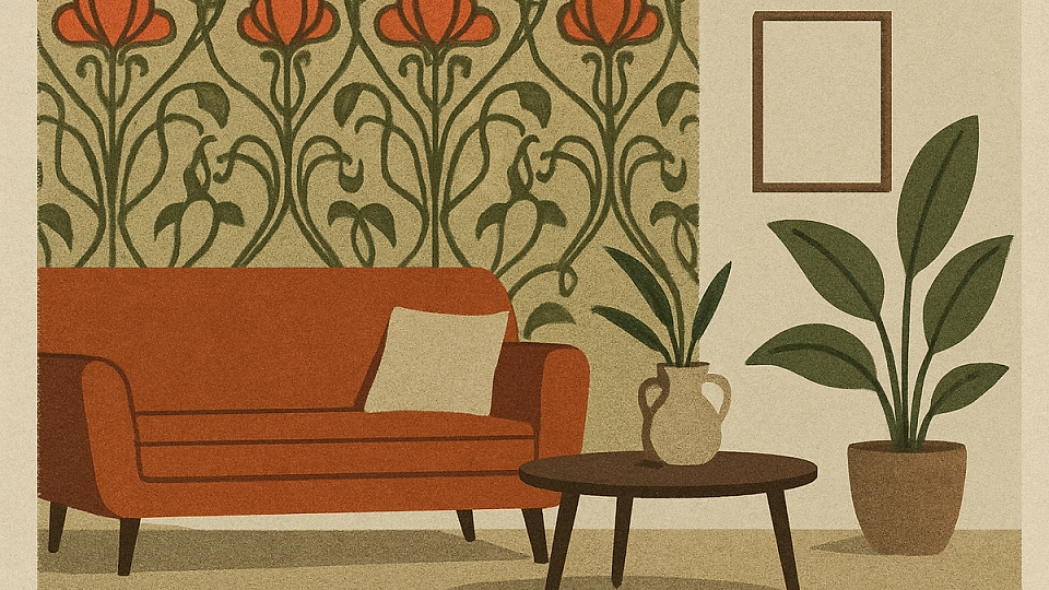 Tapet statement cu pattern Art Nouveau în living