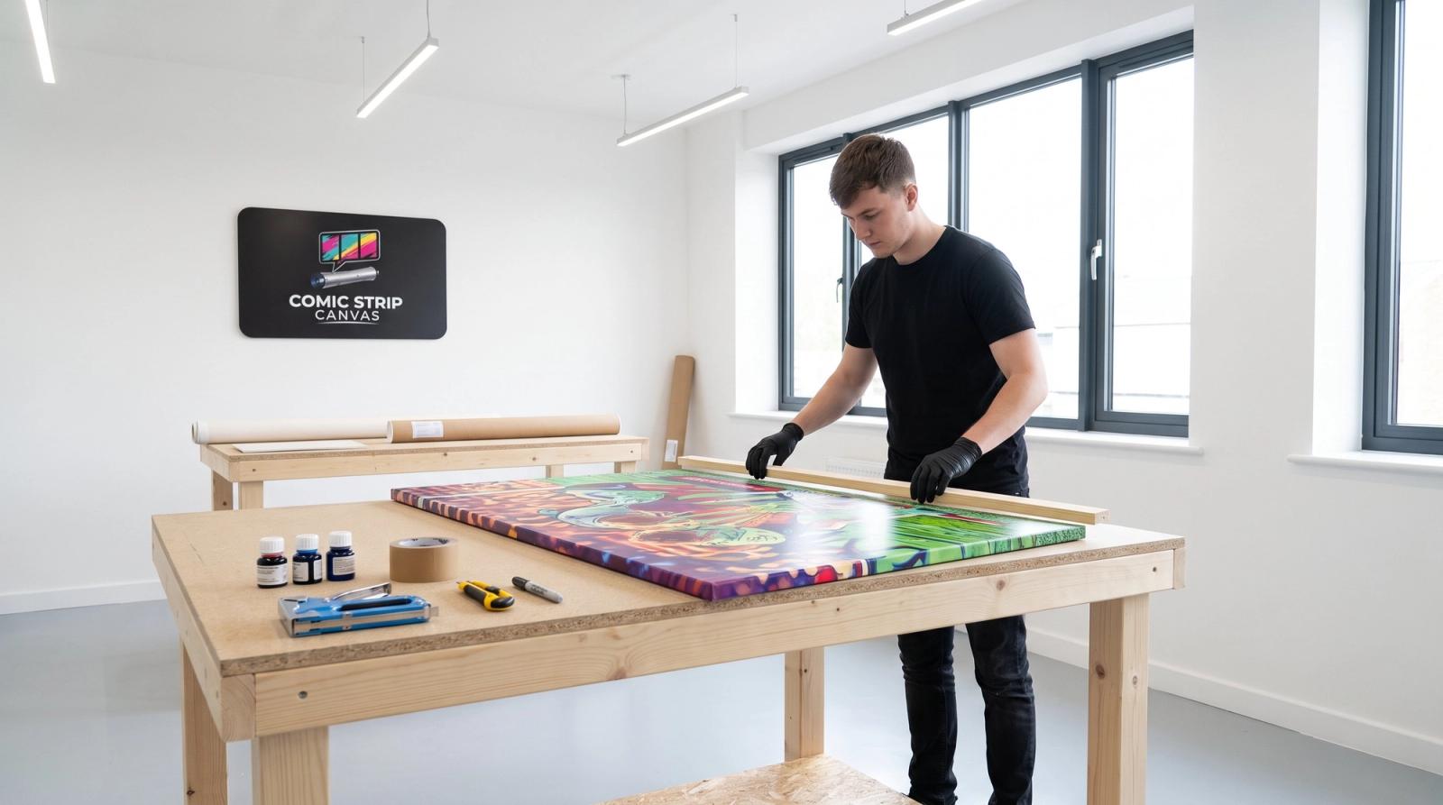 Comic Strip Canvas workshop — canvas being framed