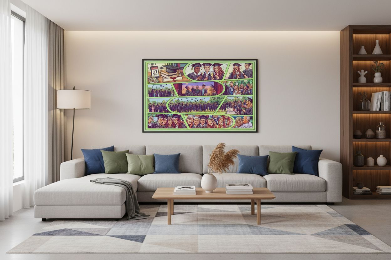 Personalised comic strip example — graduation story canvas on wall