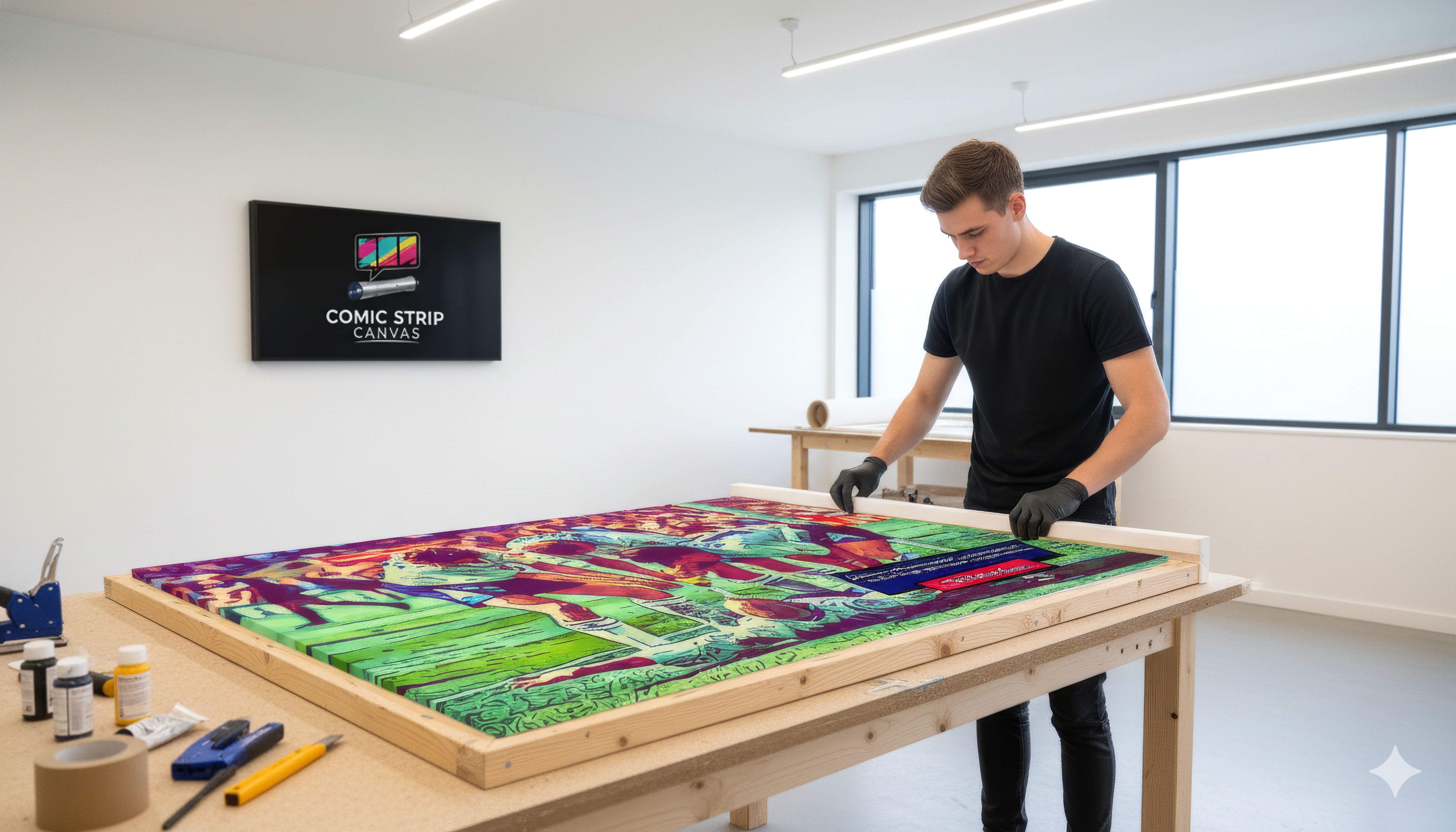 Comic Strip Canvas workshop — canvas being framed