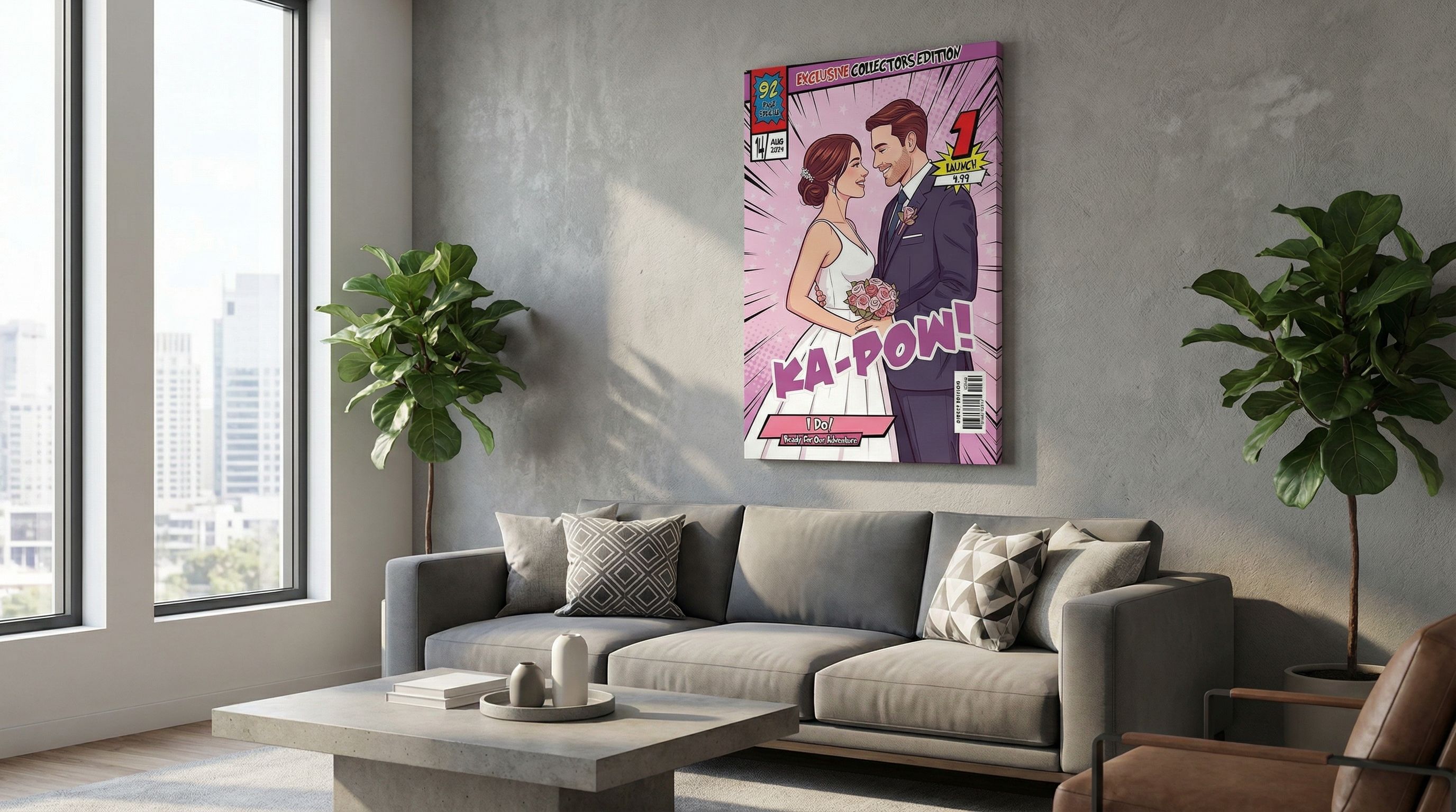 Personalised comic book cover example — wedding KA-POW canvas on wall