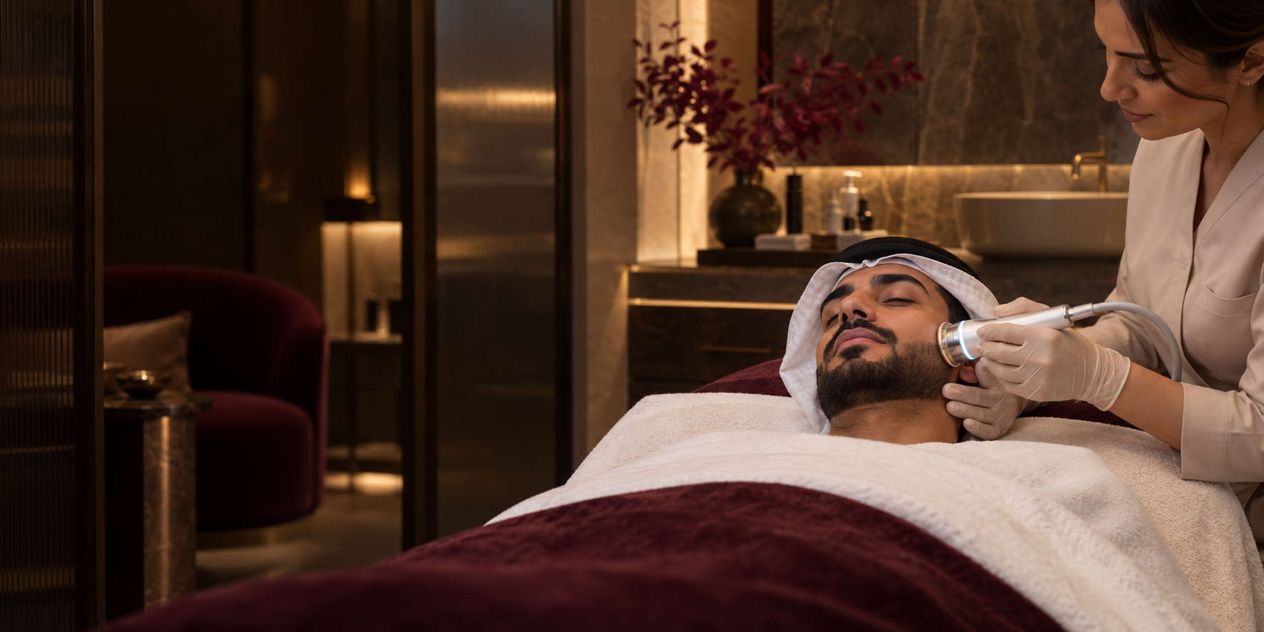 Middle Eastern man receiving a professional facial skin treatment at a premium clinic