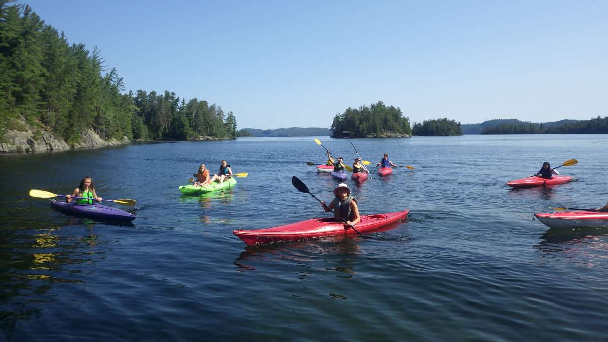 group of campers and staff kayaking on Lake Temagami