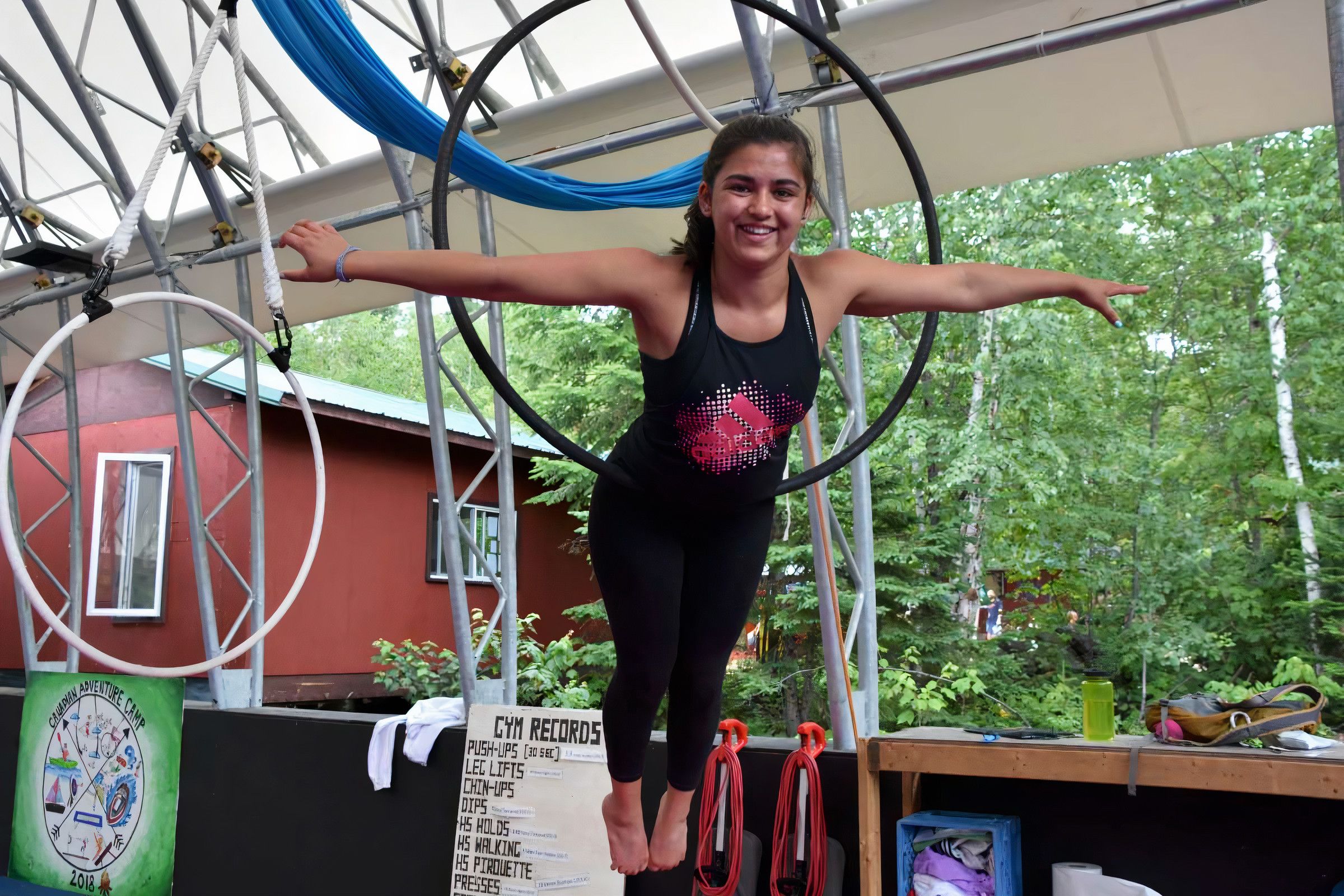 camper on the hoop in the aerials program at Canadian Adventure Camp