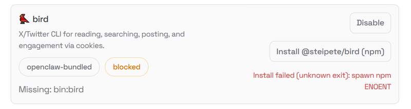 openclaw bird skill installatie probleem