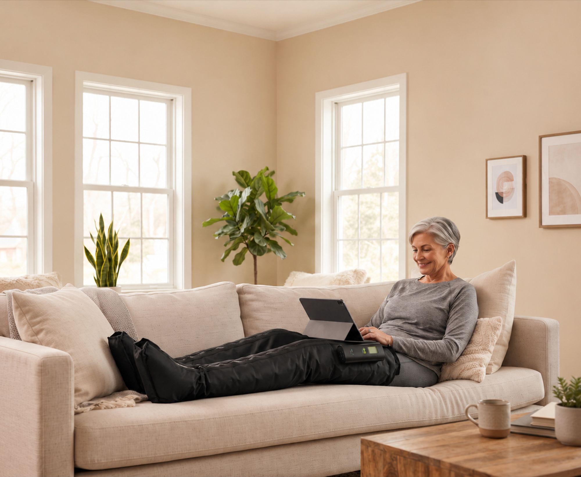 Woman on a couch wearing a ManaFlow Lymphedema unit.