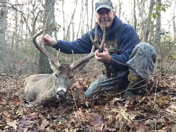 Hunter walking through Connecticut hardwoods during a guided whitetail deer hunt.