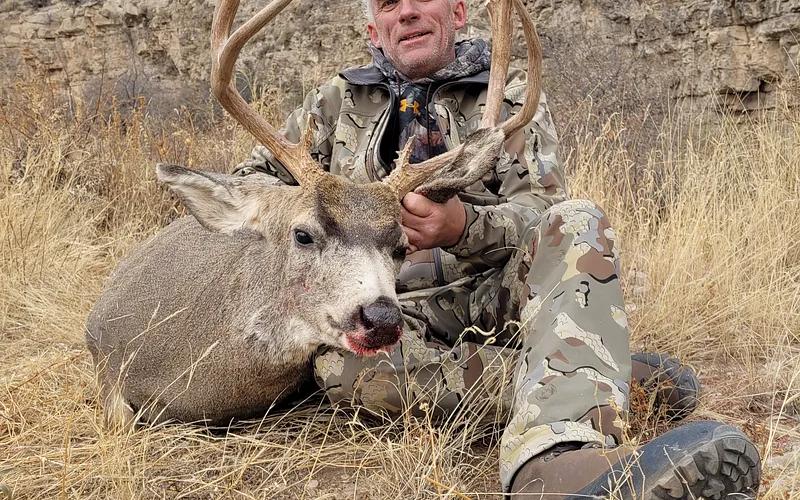 Hunter carrying a mule deer buck through New Mexico mountain terrain