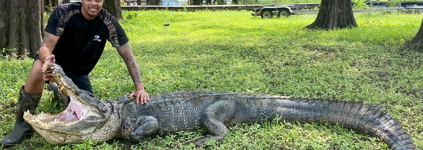 Alligator hunter posing with harvested gator during a guided hunt in the South