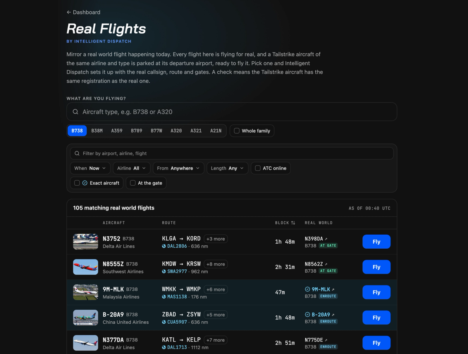 The Real Flights board, listing real Boeing 737-800 flights with the Tailstrike aircraft parked at each departure airport