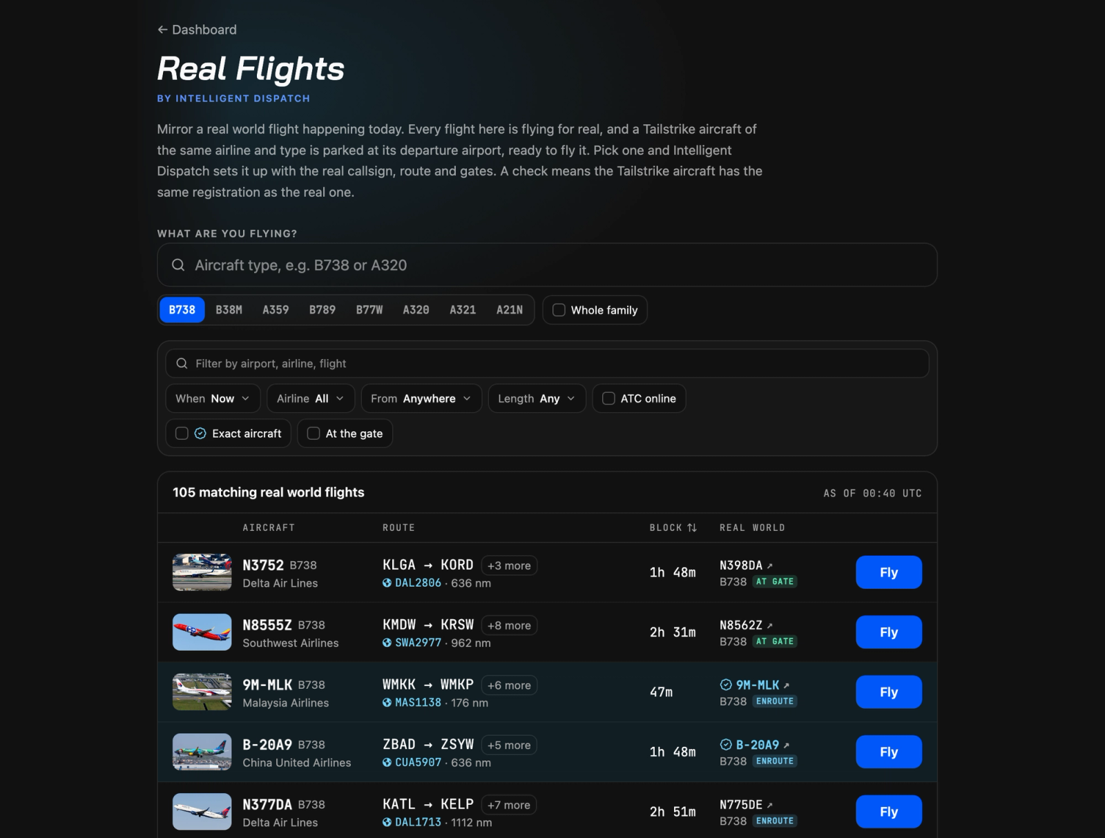 The Real Flights board, listing real Boeing 737-800 flights with the Tailstrike aircraft parked at each departure airport