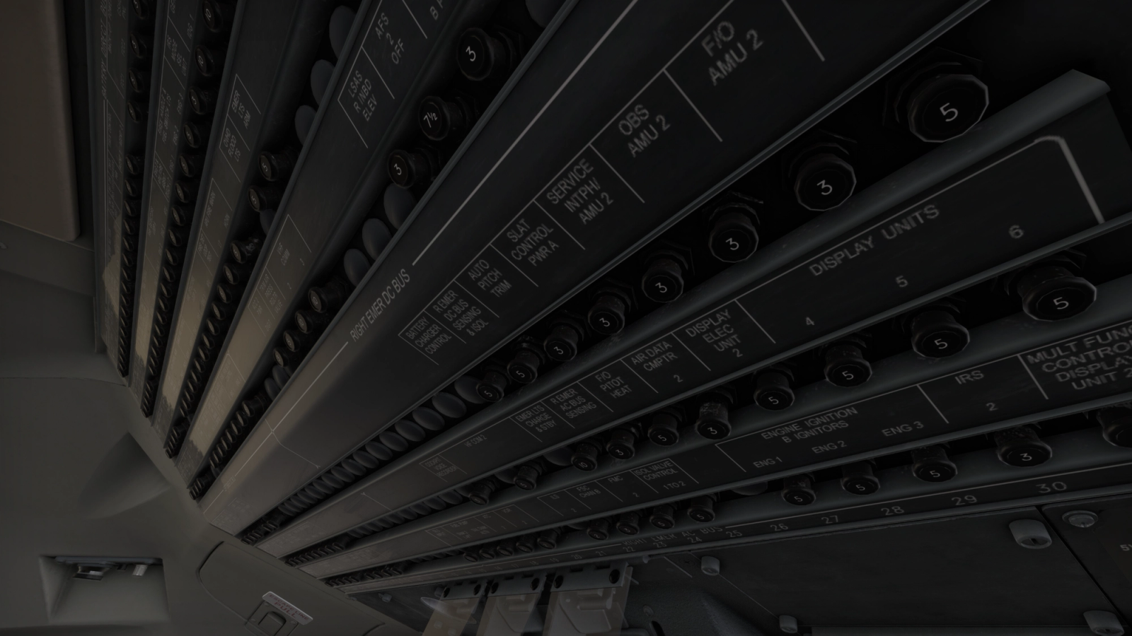 Rows of circuit breakers on the TFDi Design MD-11 overhead panel