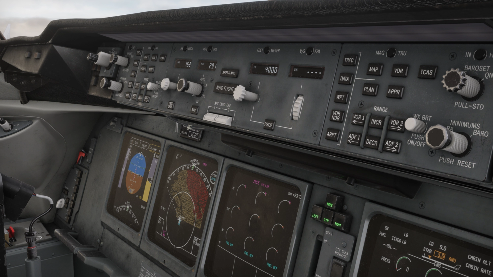 The TFDi Design MD-11 glareshield and captain's displays