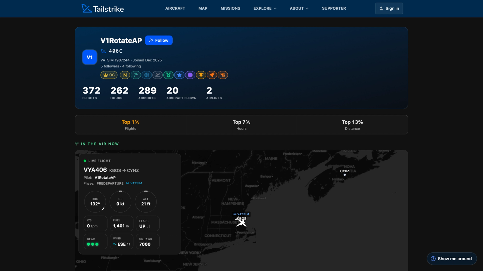 A pilot profile showing badges, network percentile rankings, and a live flight in progress
