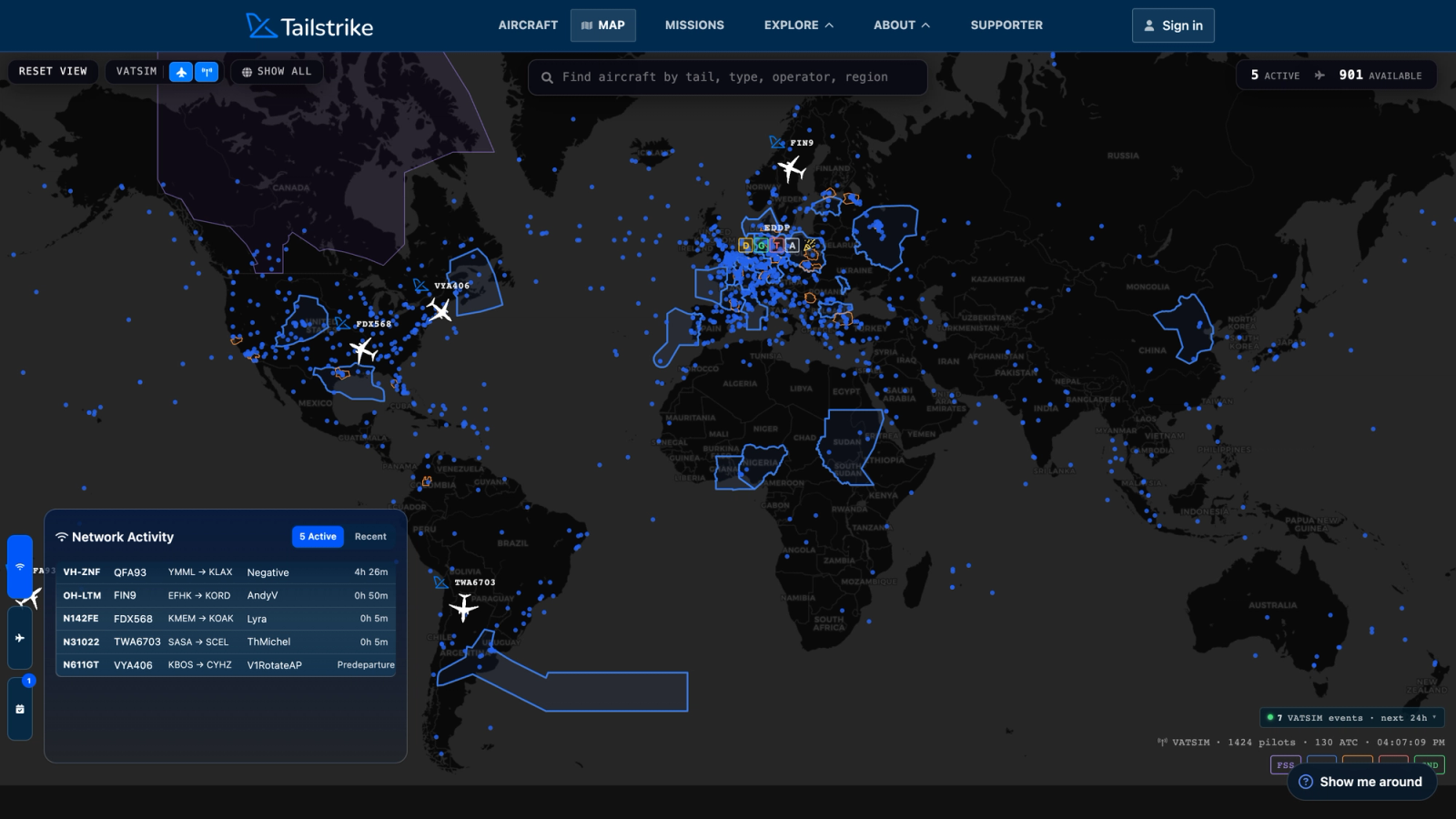 The Tailstrike live map showing aircraft in flight worldwide, VATSIM ATC coverage, and the network activity panel