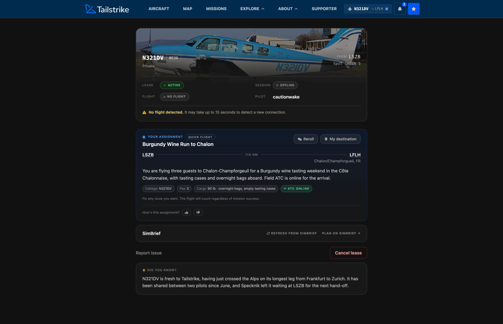 A lease page showing an Intelligent Dispatch assignment for a Bonanza A36: a Burgundy wine run from Bern to Chalon with passengers and cargo
