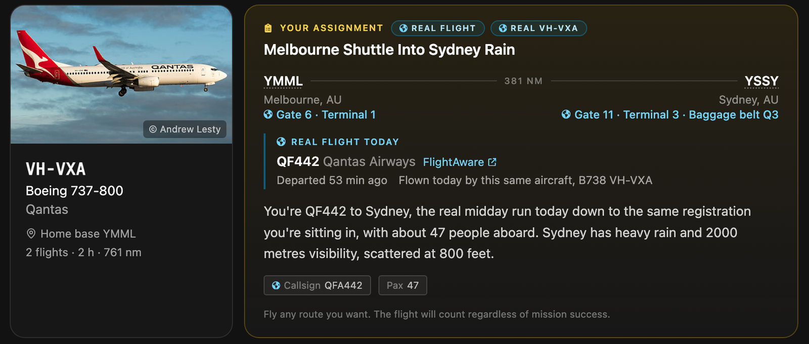 A Real Flight dispatch for Qantas QF442, Melbourne to Sydney, beside the Tailstrike aircraft VH-VXA, the same aircraft flying it today