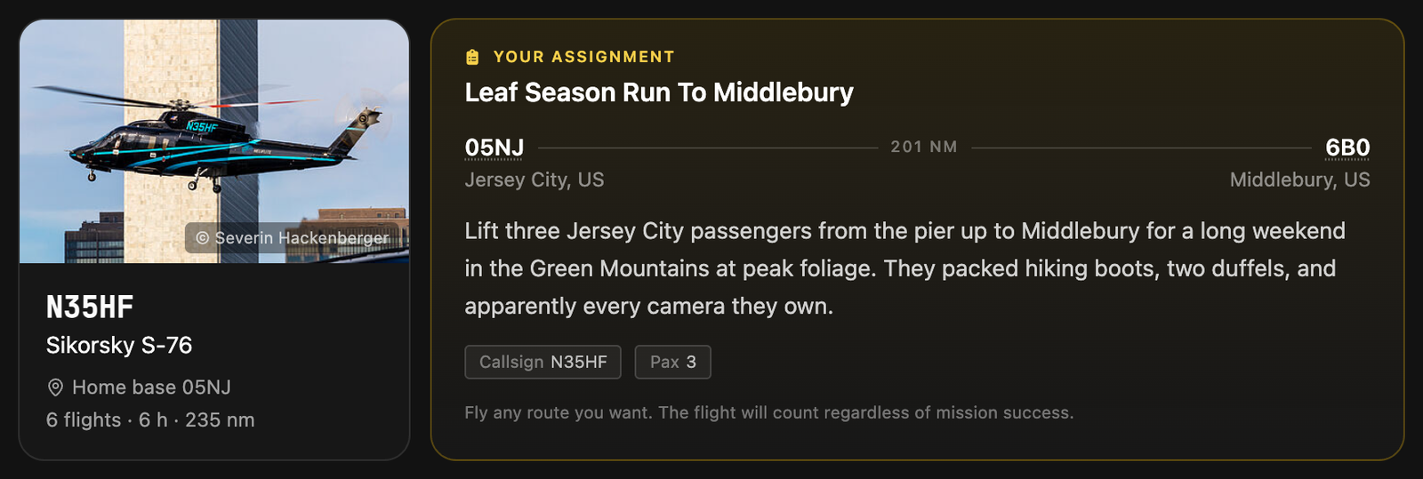 An Intelligent Dispatch for N35HF, a Sikorsky S-76, carrying three passengers from a Jersey City heliport to Middlebury, Vermont