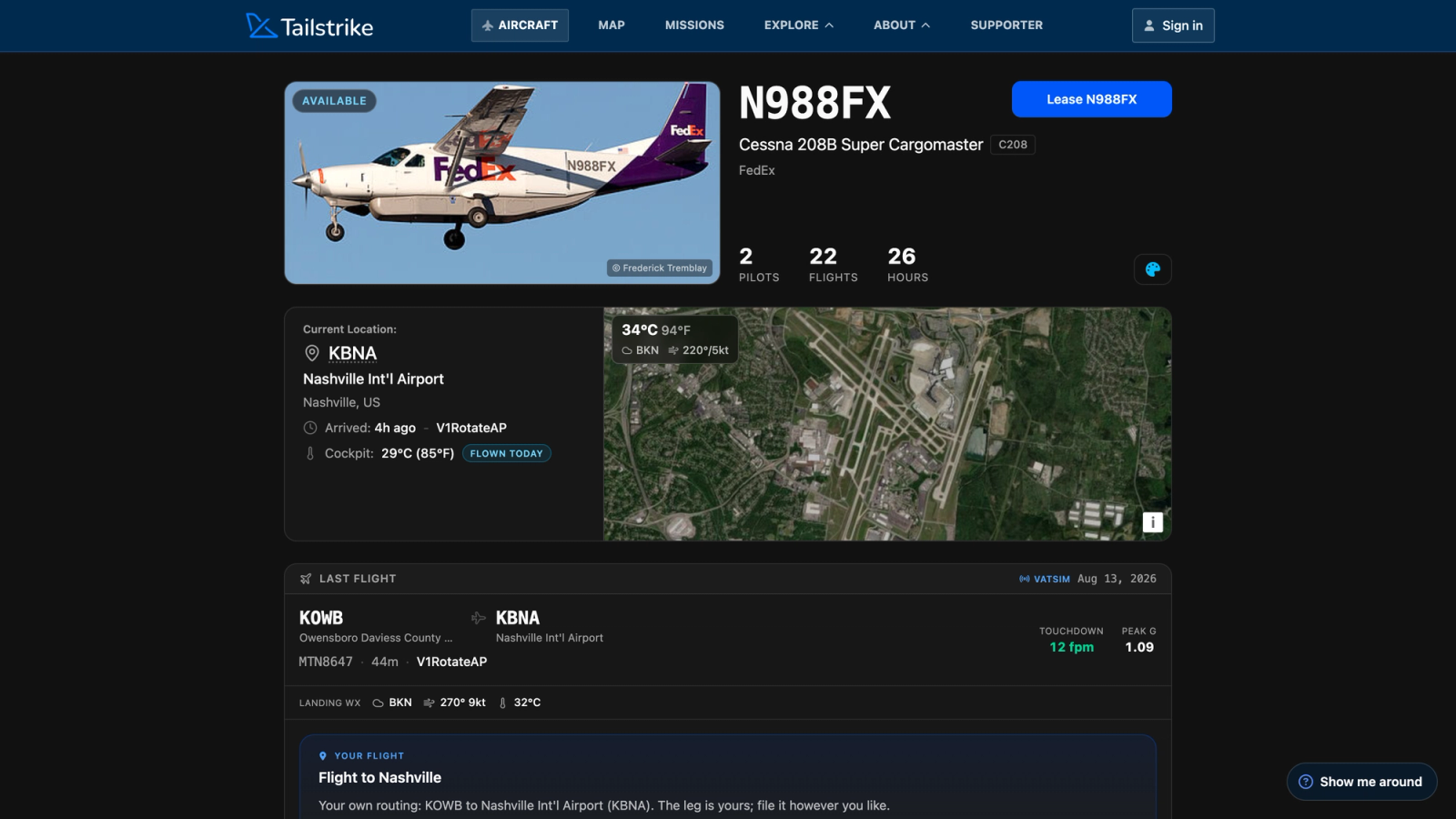 An aircraft page showing a FedEx Cessna 208B at Nashville with its current location, weather, and last flight