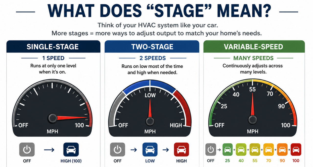 Vehicle Analogy Graphic. Three speedometers: Single-stage = one speed. Two-stage = two speeds. Variable-speed = full speed range.