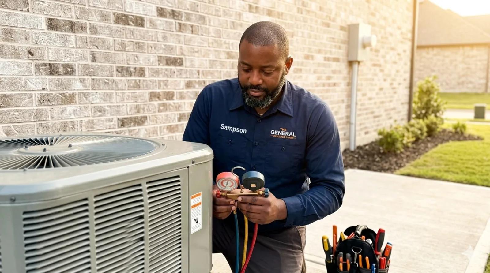 A technician taking gauge readings at an outdoor AC condenser unit