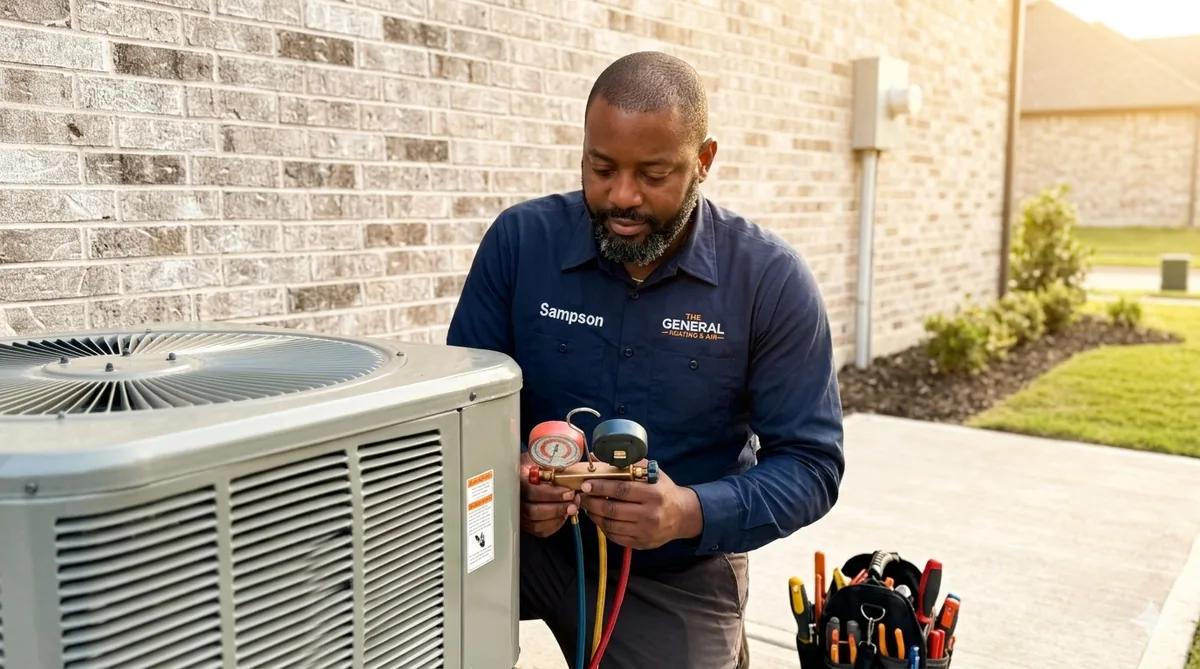 A technician taking gauge readings at an outdoor AC condenser unit