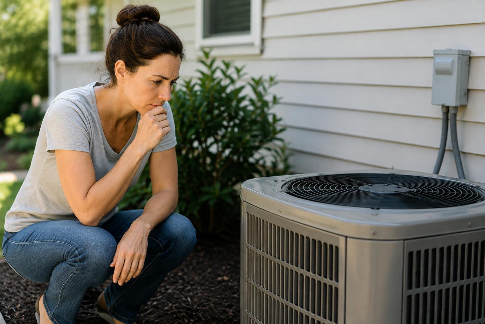 Female homeowner crouching beside an outdoor HVAC condenser, visually inspecting the unit without touching it while considering a possible air conditioning problem.