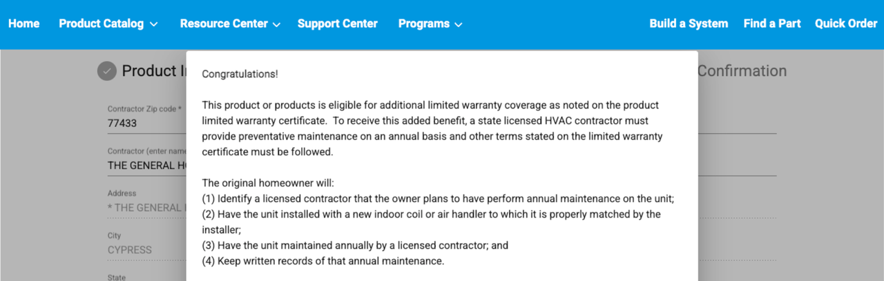 Actual message from Daikin after registration of new HVAC equipment.