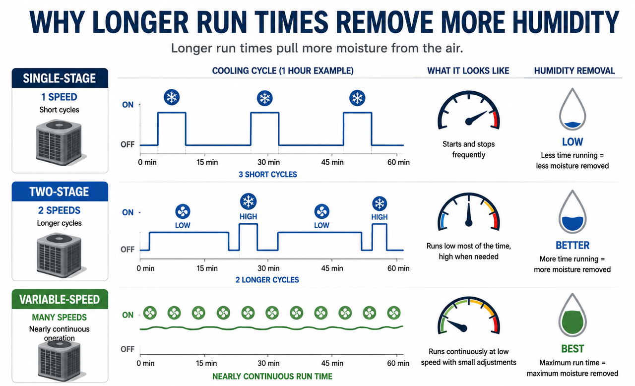 Graphic showing difference in cooling cycles on different HVAC systems