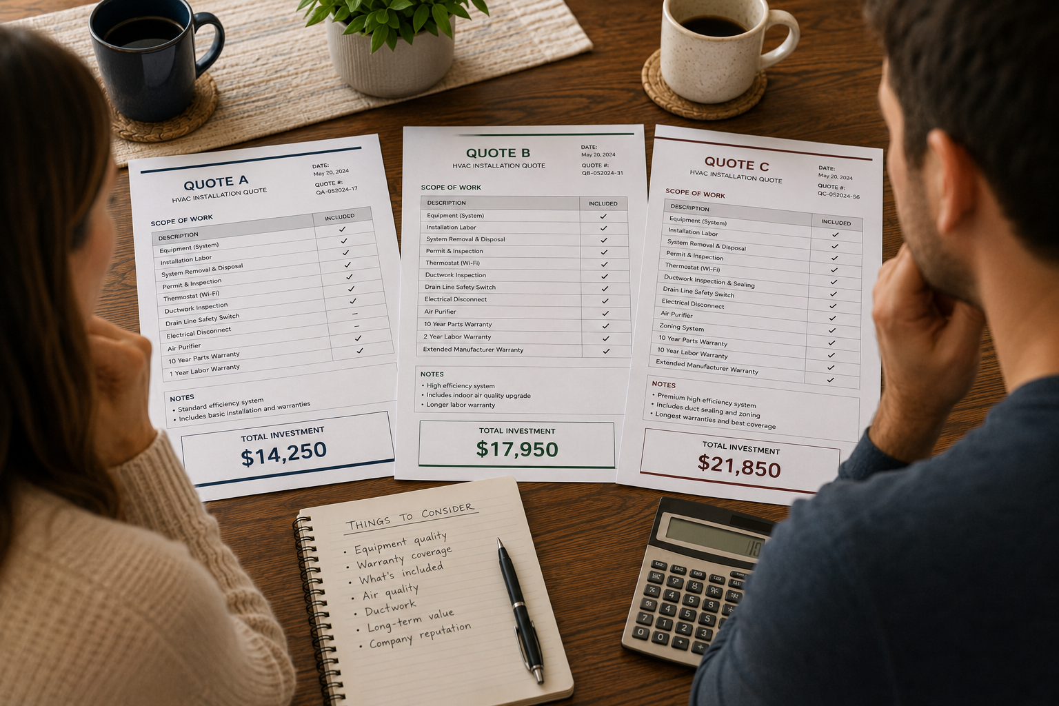 Homeowners Comparing three HVAC Installation Quotes