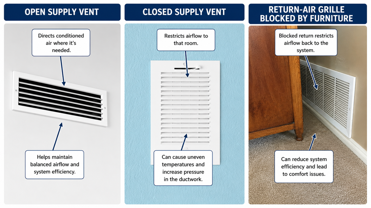 Side-by-side photo showing an open supply vent, a closed supply vent, and a return-air grille blocked by furniture. Label each with arrows identifying common homeowner issues.