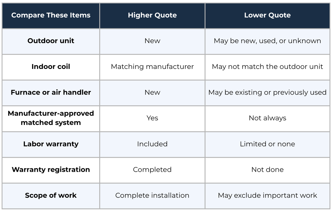 Two proposals can differ by thousands of dollars because they include completely different equipment, warranties, and scopes of work, not just different prices.