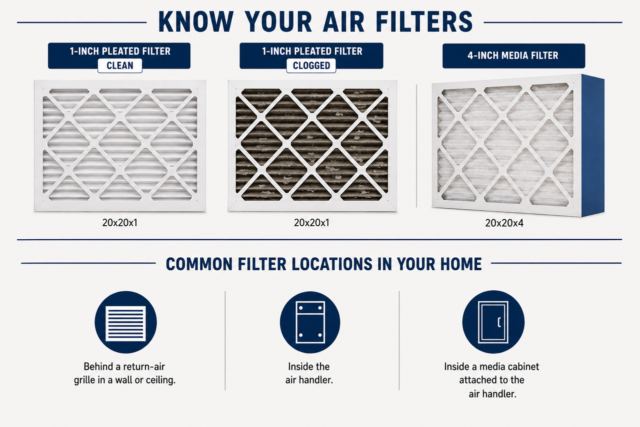 Side-by-side comparison of a clean 1-inch pleated filter, a clogged 1-inch filter, and a 4-inch media filter.