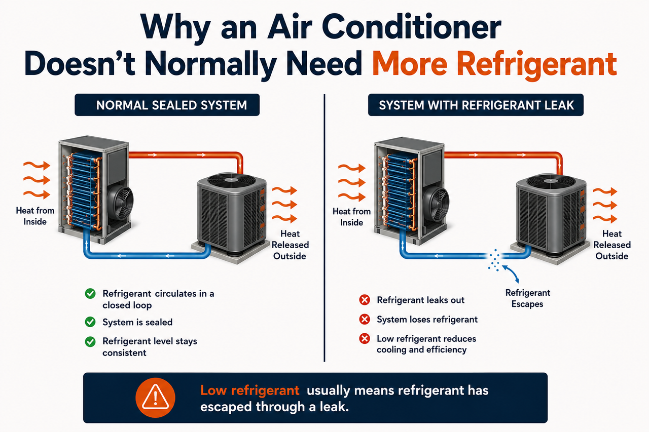 Simple illustration showing Why an Air Conditioner Doesn't Normally Need More Refrigerant when it's on a normal sealed system with no leaks